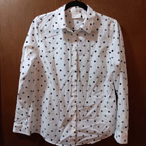 Chico's Tops - Chico's Women's White‎ & Black Dot Print No Iron Long Sleeve Button Down Shirt